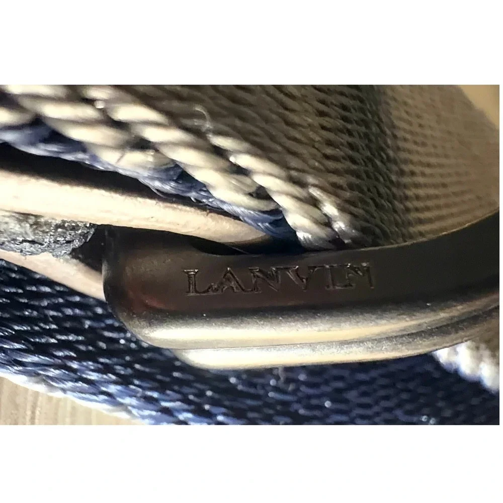 Lanvin Paris Mens D-Ring Web Belt Taupe Navy Blue Woven Designer Made in Italy